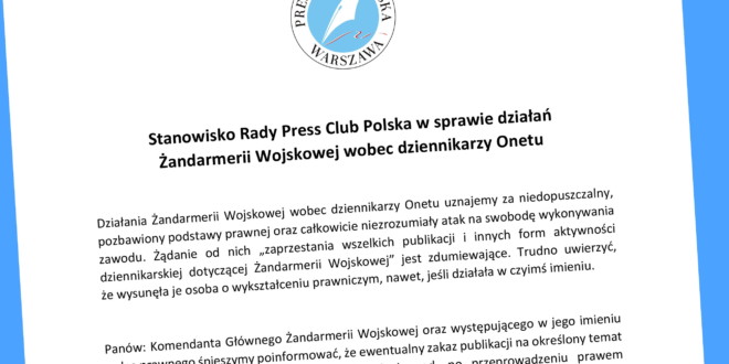 Stanowisko Rady Press Club Polska w sprawie działań Żandarmerii Wojskowej wobec dziennikarzy Onetu