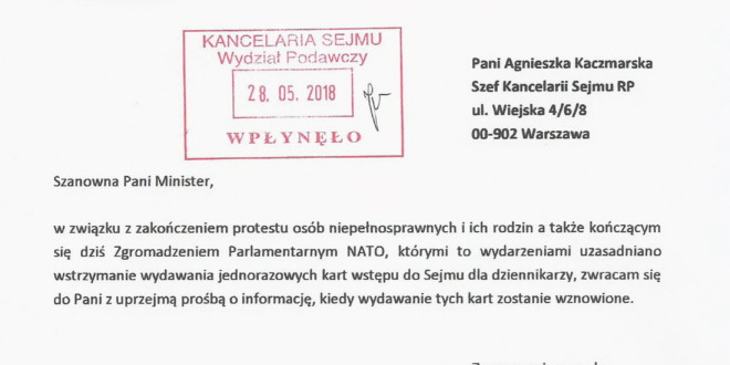 PCP pyta Sejm o termin przywrócenia wydawania dziennikarzom jednorazowych kart wstępu
